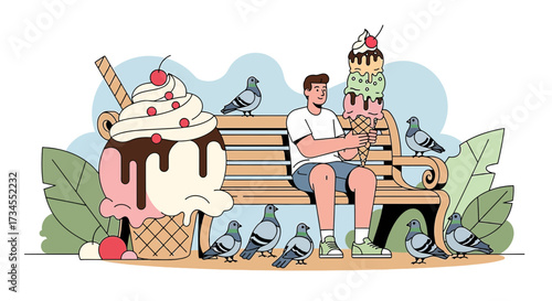 Summer park scene with man enjoying an ice cream cone surrounded by pigeons and giant ice cream