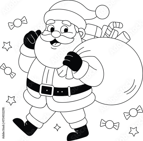 Black and white cartoon Santa Claus walking with gift sack and candies christmas