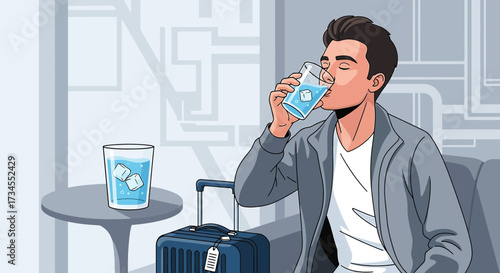 Traveler drinking water at the airport lounge for relaxation before traveling abroad