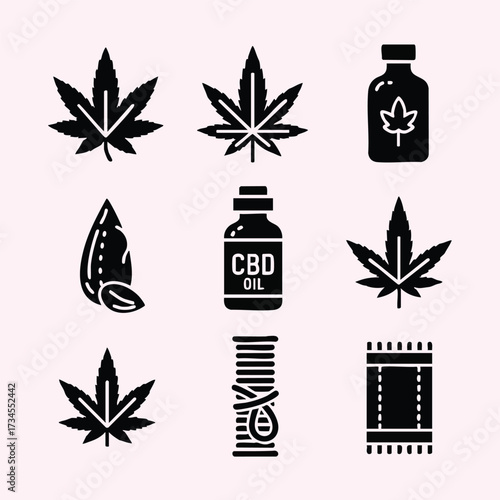 Collection of cannabis leaves, CBD oil bottle, and related products in black silhouette style