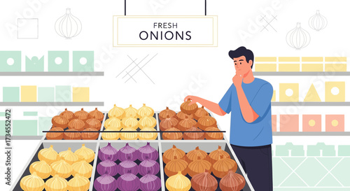Thoughtful grocery shopping scene of a man selecting fresh onions at the market display