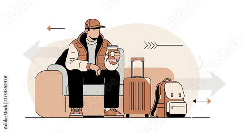 Traveler waiting in airport lounge with suitcase and backpack enjoying a coffee break
