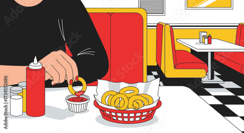 Vibrant diner scene featuring a person dipping onion rings in ketchup with retro aesthetics