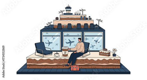 Whimsical airport terminal cake creation with waiting passenger and airplane details