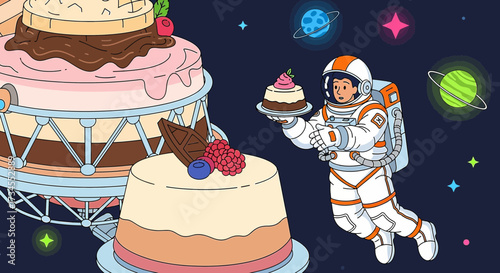 Whimsical astronaut serving cakes in outer space themed dessert food illustration