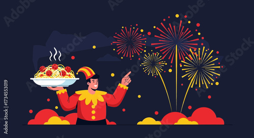 Whimsical celebration a clown with spaghetti and fireworks under the night sky brings festive joy