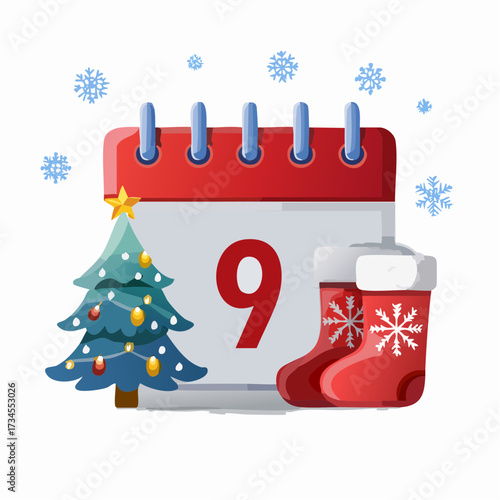 Christmas calendar with the number nine Christmas tree and stockings.