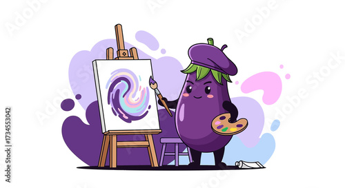 Whimsical eggplant artist illustration painting a colorful swirl with creativity and charm