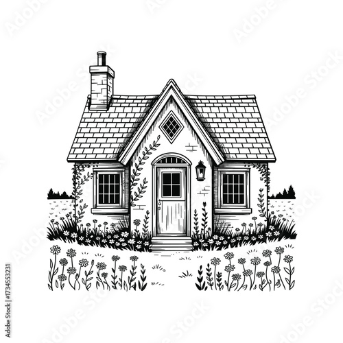 Charming sketch of a quaint cottage surrounded by wildflowers and lush gardens
