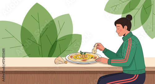Woman enjoying a healthy meal of hummus with pita bread in a serene outdoor setting