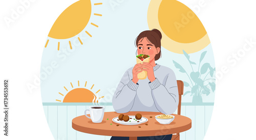 Woman enjoying a vibrant breakfast with falafel wrap coffee and sunny morning illustration
