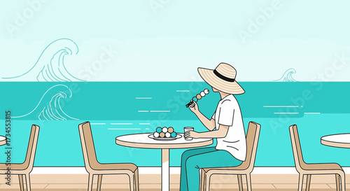 Woman enjoys dango by the sea, evoking a sense of tranquility and peacefulness eating traditional