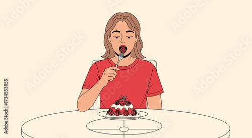 Woman enjoys delicious raspberry cake, illustration style, in a minimalistic scene showing health