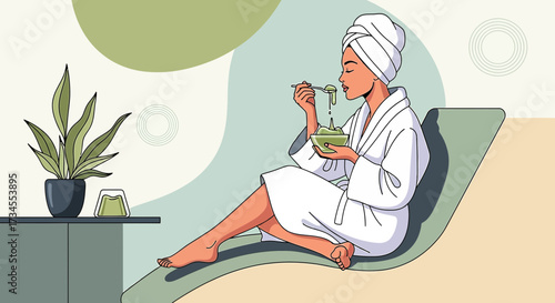 Woman in bathrobe enjoying a healthy green smoothie in a spa-like setting promoting wellness and
