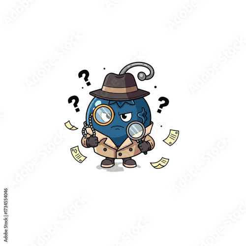 Detective Mascot with Magnifying Glass – Cartoon Blue Character in Trench Coat Solving Mystery