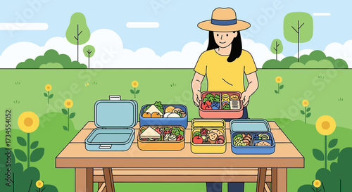 Woman preparing various lunch boxes for a picnic in a sunny park setting with vibrant nature