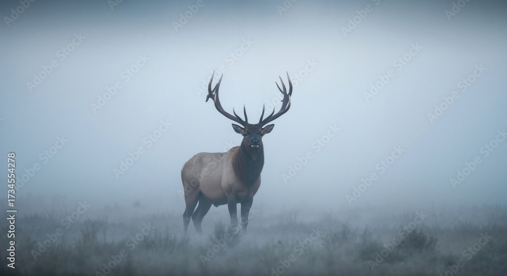 Obraz premium Majestic elk with large antlers standing in misty forest during autumn season. Male deer with impressive rack in natural woodland habitat for wildlife behavior education content