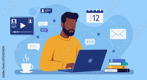 Man working on a laptop with communication and productivity icons, symbolizing remote work and online collaboration