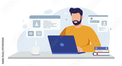 Focused man working on laptop amidst digital communication and productivity icons, embodying modern remote work, online learning, and efficient digital connectivity concepts