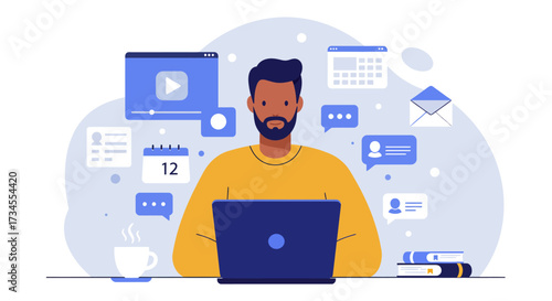 Man working remotely on laptop, surrounded by digital icons representing online communication, productivity, and virtual collaboration in a modern digital workspace