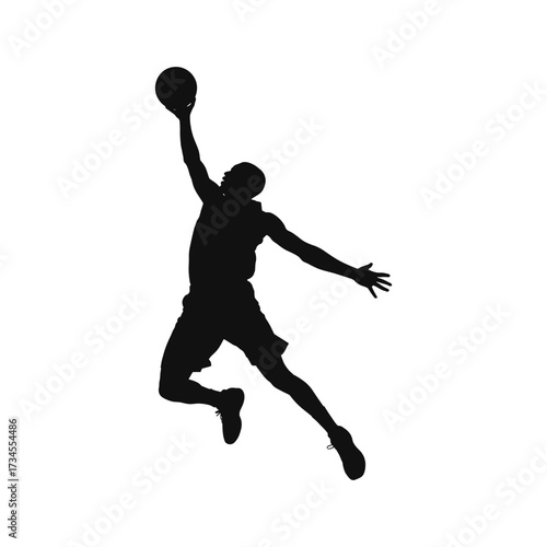 Silhouette of a basketball player in mid-air performing a slam dunk with the ball.