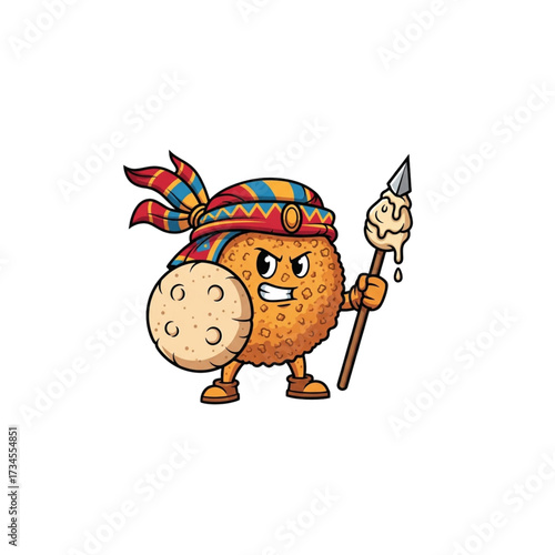 alafel Warrior Mascot – Cartoon Middle Eastern Food Character with Spear and Pita Shield