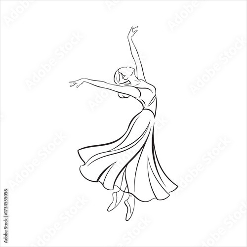 Ballet dancer in flowing dress captured mid-twirl, elegant minimal line art vector illustration art.