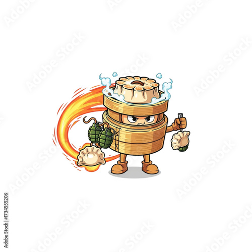 Dim Sum Warrior Mascot – Cartoon Steamer Basket Character with Dumpling and Grenade Action
