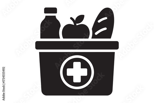 Line art illustration of a grocery basket filled with food items isolated on white background
