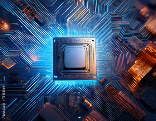High-Tech Circuit Board with Glowing Processor