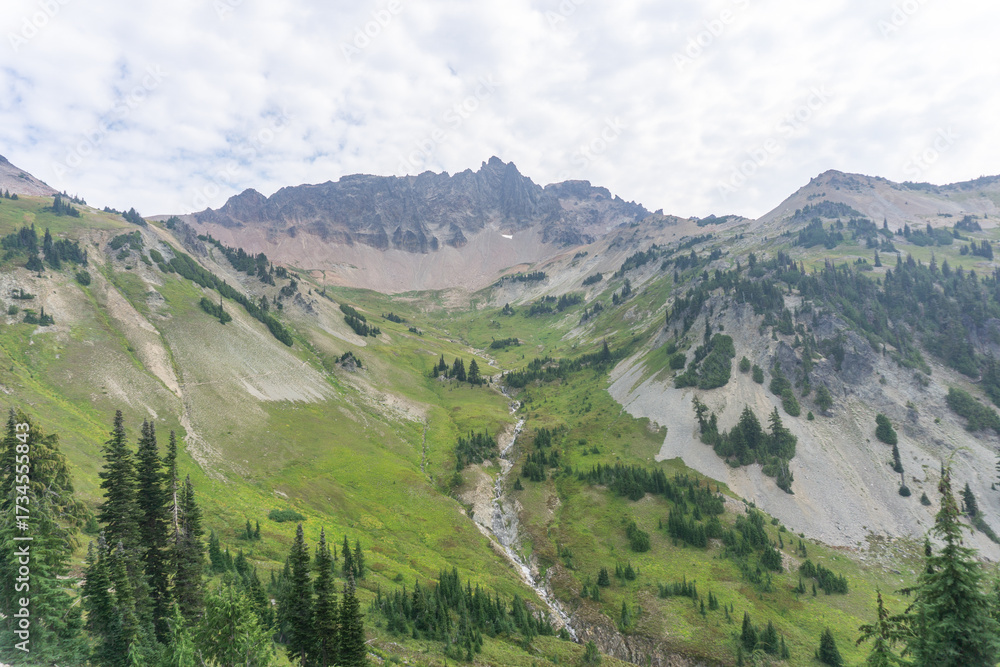 Naklejka premium View of a mountain range with green slopes and a winding stream under a cloudy sky in daylight