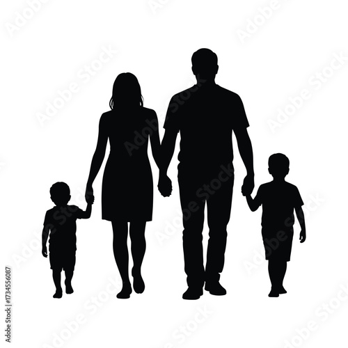 Happy silhouette family holding hands walking together outdoors beloved parents and children togetherness