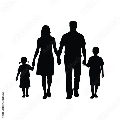 Happy family silhouette walking together holding hands joyful parents and two children