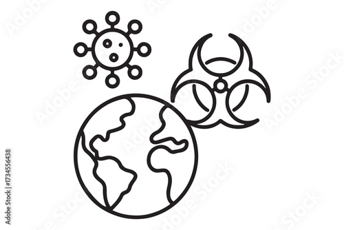 Virus Attack around the World. Planet Earth with coronavirus Covid-19 Infection line icon. Earth Attacked by Coronavirus. Coronavirus Bacterium line icon. Editable Stroke. Vector illustration