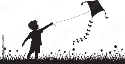 Silhouette of a boy flying a kite in a field of grass and flowers child 1