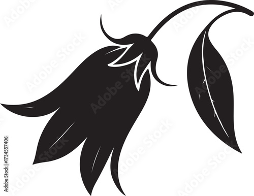 Black silhouette of a bellflower with a leaf on a white background vector