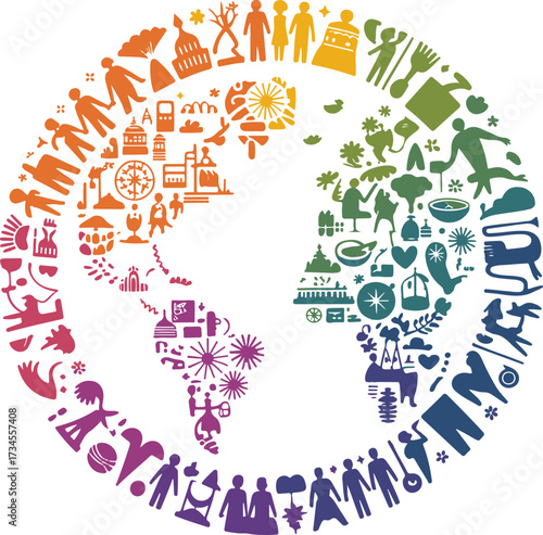 Diverse Global Community and Activities Represented by Icons in a Rainbow Earth
