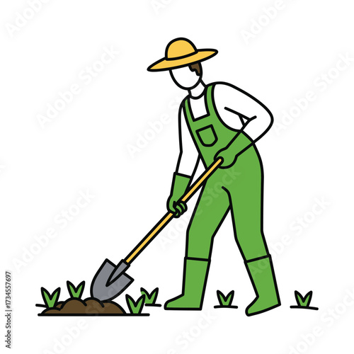 Gardener digging in the soil with a shovel vector line art illustration of a person planting isolated on white background