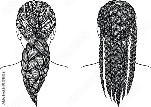 Braided hairstyle vector illustration, African braids clipart, women hair design, long plaits, fashion hairstyle drawing, beauty salon style icons