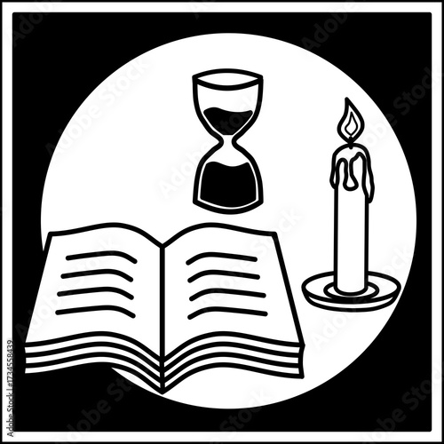 Burning Candle Flame Beside Hourglass And Open Book In Dark Of The Night Vector Illustration Depicting Knowledge Learning Reading Spirit And Passing Time With Illuminated Glow