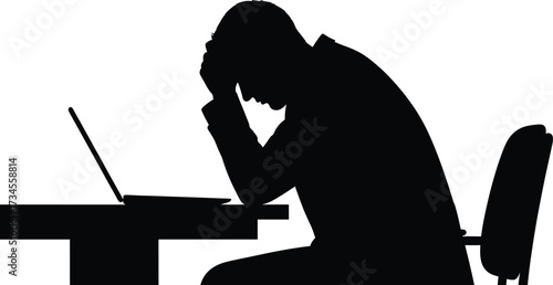 Silhouette of a man stressed at a laptop silhouette, man, stressed, frustrated, frustrated, worry, illustration, issue, overwhelmed, symbol, deadline, distress, workload, computer, chair, pressure, ti