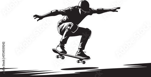Black silhouette of a skateboarder performing a trick in mid-air against a white background skateboarding