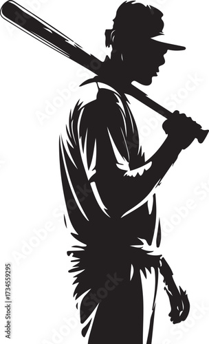 Black silhouette of a baseball player holding a bat over his shoulder sport