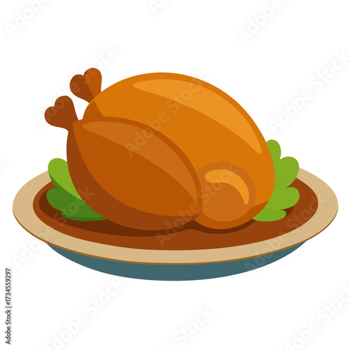 Roast turkey bird on a plate for Thanksgiving or harvest festival. Baked grilled chicken on a plate. Holiday poultry food. Isolated vector illustration.