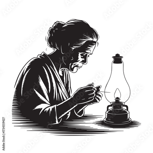 Vector art of elderly woman sewing by the light of a kerosene lamp in a dark room, vintage style illustration