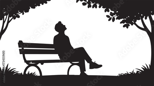 Silhouette of a person sitting on a park bench looking up at trees and sky male