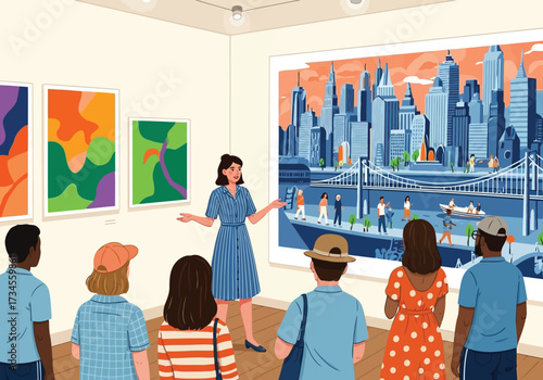 Vector illustration of art gallery tour guide explaining a cityscape painting to a diverse group of visitors