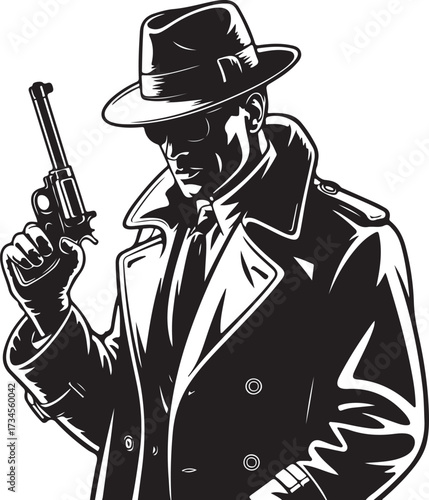 Black and white illustration of a man in a fedora and trench coat holding a handgun detective gangster