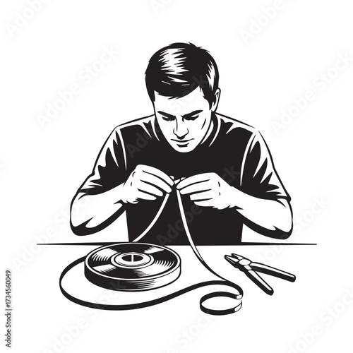 Vector art of man carefully threading a wire from a spool with pliers nearby
