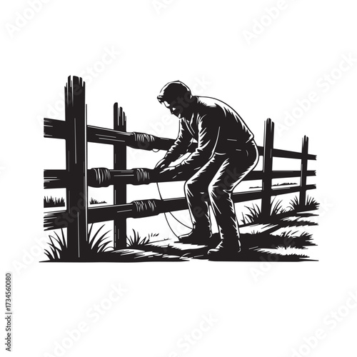Vector art of man repairing a wooden fence in a field
